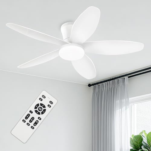 Image of White Ceiling Fan with Light, 42 Inch Low Profile Flush Mount Ceiling Fan 6-Speed Wind, Quiet Reversible DC Motor, 3 Color Dimmable Lighting, Small Ceiling Fans for Living Room /Kitchen /Bedroom