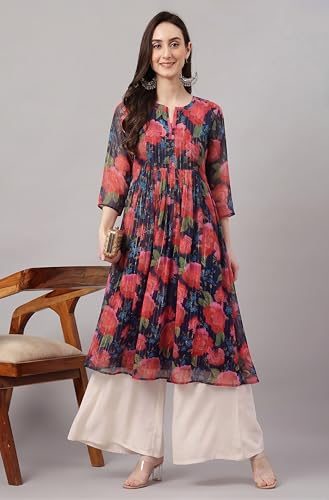 Image of Janasya Women's Chiffon Lurex Floral Printed A-line Kurta