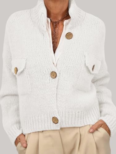 Image of Saodimallsu Womens Cropped Cardigan Sweaters Button Up Chunky Knit Long Sleeve Collared Open Front Loose Jackets