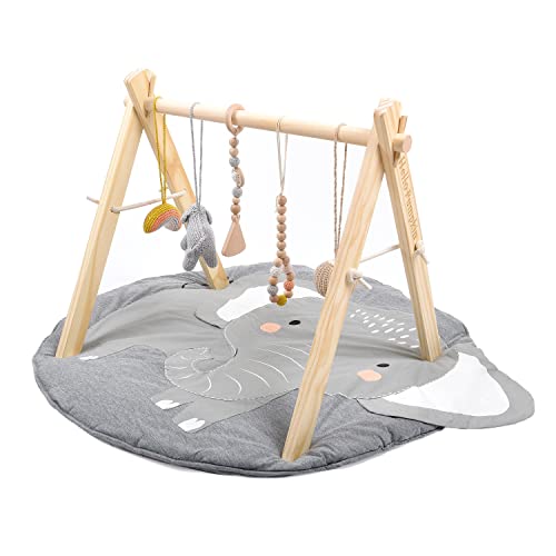 Image of Wooden Baby Play Gym with Mat, Foldable & Handmade Wooden Play Gym Frame Activity with 5 Hanging Toys Untreated Beechwood & Cotton Montessori Baby Toys,Play & Learn Infant Activity Mat(Natural Color)