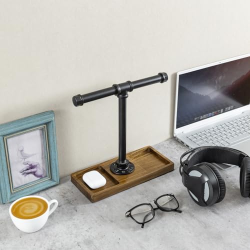 Image of MyGift Premium Acacia Solid Wood and Industrial Black Metal Pipe T-Bar Over Ear Headphones Holder, Tabletop Dual Headphone Display Stand with Accessories Tray