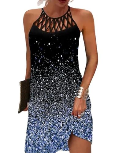 Image of LOVESHOOT Summer Dresses for Women 2026 Casual Floral Hollow Out Halter Neck A-line Sundress for Beach Vacation with Pockets