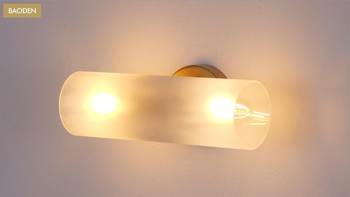 Image of Set of 2 Modern Wall Sconce 2 Lights Cylinder Wall Lamp Industrial Mid Century Bathroom Vanity Wall Light Frosted White Acrylic Glass Shade Brushed Brass Finished Lighting Fixture