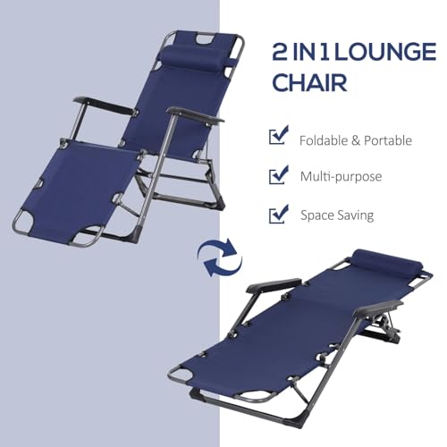Image of Lounge Chair Full Flat Cot 2 in 1 Zero Gravity Chair Portable Foldable Recliner for Headrest Resting Adjustable Pillow Camping Chair Pool Side Beach Lawn Chair with Pillow (Blue)
