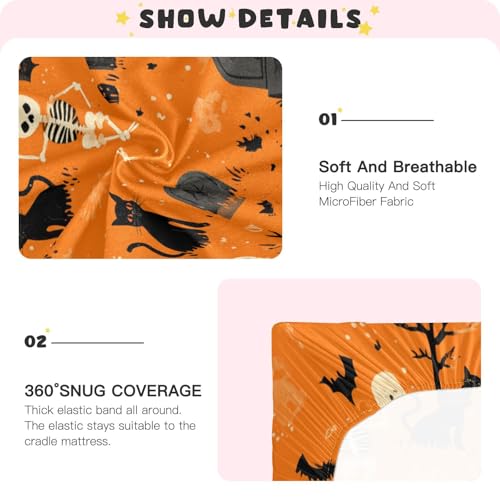 Image of Crib Sheet Breathable Soft Crib Mattress Sheet for Baby Toddler Boys Girls Fitted Crib Sheet Fit Standard Crib Mattress 52 x 28 Inch Halloween Orange Skeletons Cat Bats Tombstones Trees