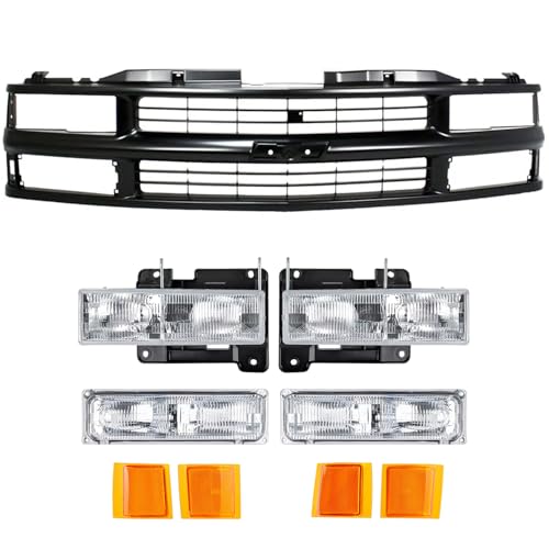 iiLentes Front Black Grille Grill and Headlights Headlamp Assembly with Bumper Lamp For 1994-1998 Chevrolet Silverado C/K 1500 2500 3500 Pickup Truck Blazer Tahoe SUV GM1200239 15981092
