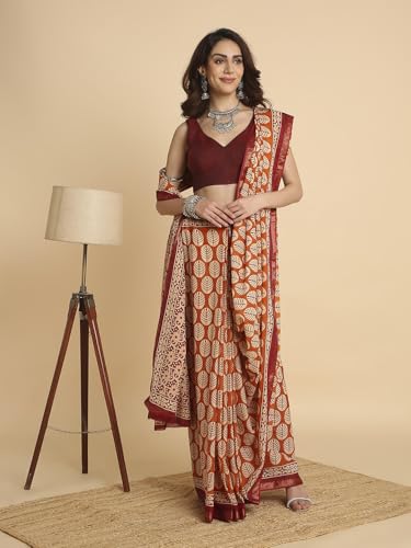 Image of RATAN Women's Pure Soft Cotton Saree with Blouse Piece | Lightweight Breathable Daily Wear Cotton Saree | Traditional Printed Saree for Office Casual & Summer Wear