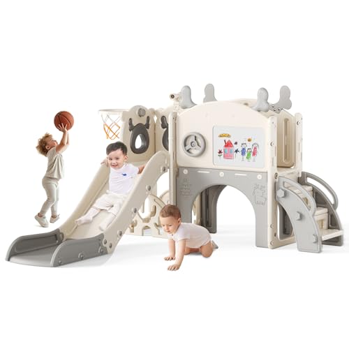 Krovtoy Toboggan pour Tout-Petits sur Le thème de l'élan de Noël de Krovtoy, Toboggan pour Tout-Petits Autonome avec Ensemble de Golf, pour Une Utilisation intérieure/extérieure (Beige Gris- 6 en 1)