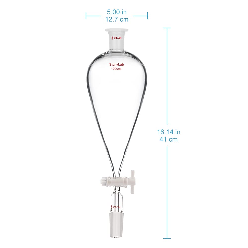 stonylab Scheidetrichter Glas, 1000 ml Separatorentrichter mit PTFE-Absperrhahn Konischer Birnenförmiger Schwerwandiger Borosilikatglas Trenntrichter mit 24/40 Fugen