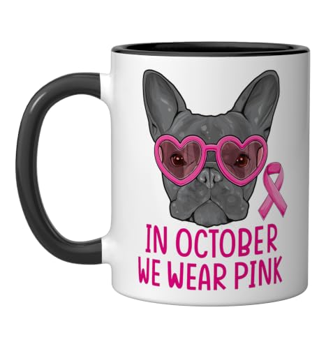 October We Wear Pink French Bulldog Breast Cancer Awareness Ceramic Mug, Black/White, 11oz
