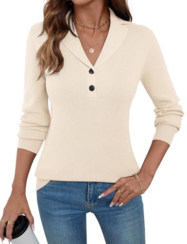 Image of LOMON Sweaters for Women 2025 Fall Knitted V-Neck Collared Button Pullover Dressy Casual Long Sleeve Polo Shirts Business