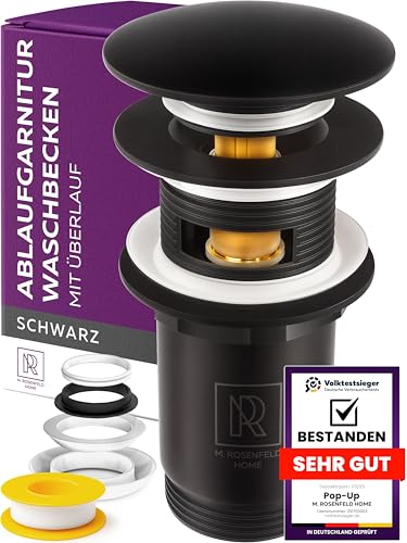 M. ROSENFELD HOME Waschbecken Ablaufgarnitur Schwarz mit Überlauf 1 1/4 Push Open Pop Up Ablaufventil für Waschtisch Waschbeckenablauf & Abflussgarnitur
