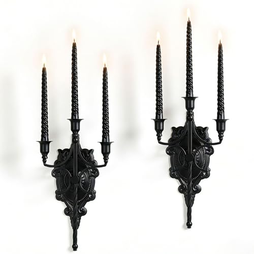 Vsosfiza Gotische Eisen Kerzenhalter 2er-Set 3-stufige Wandkerzenhalter für Taperkerzen Mittelalterlicher Kirchen-Deko für Wohnzimmer Schlafzimmer Dark Academia Wohnkult