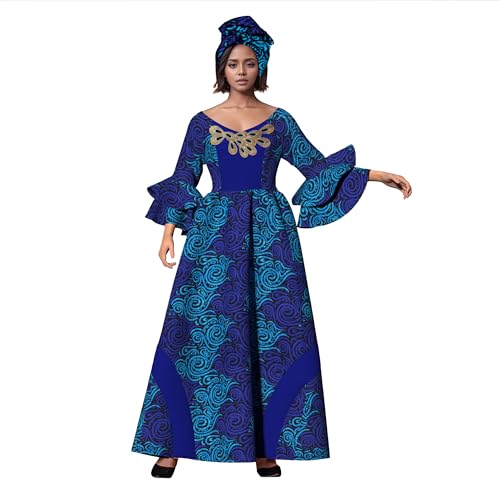 Image of iooiooi Womens African Print Party Maxi Dress Tradition Dashiki Ankara Long Dress & Headwrap