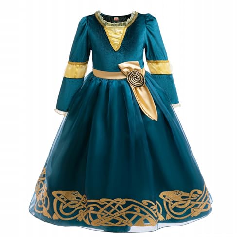 Eleasica Robe Princesse Mérida pour Fille Déguisement Enfant de Tenue Fantaisie Costume Médieval Manches Longues 3-12 Ans Halloween Noël Carnaval Anniversaire Cosplay, Bleu-vert émeraude, 110
