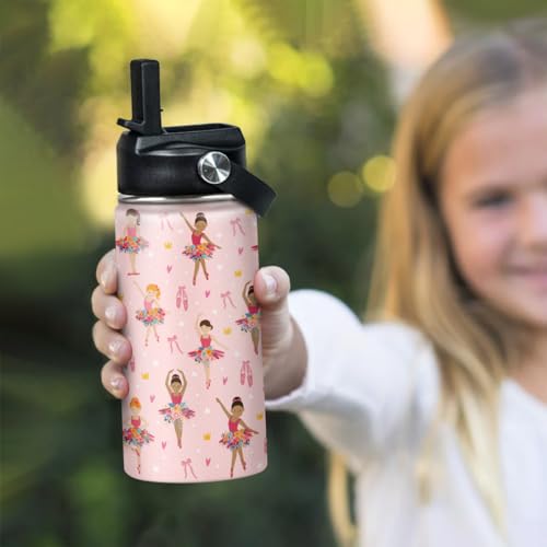 Image of SANDJEST Kids Water Bottle Ballet Water Bottles 12oz with Straw Insulated Stainless Steel Travel School Tumbler Double Wall Vacuum Cup for Girls Kid