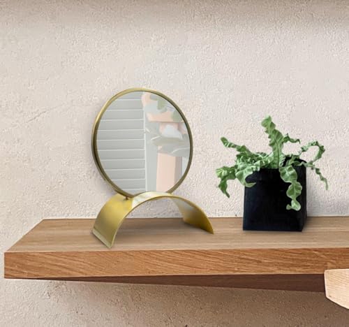 Image of Howard Elliot Maja Arched Table Top Mirror with Stand, Table Desk Vanity Makeup Mirror with Stainless Steel Antique Brass Finish, Modern Decorative Portable Table Vanity Mirror, Gold, 15 x 12 Inches