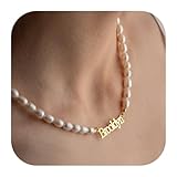 Personalized Name Necklace with Pearl Chain, 18K Gold Plated Custom Name Necklace for Women, Custom Nameplate Personalized Jewelry Gift (Necklace with Peart Chain)