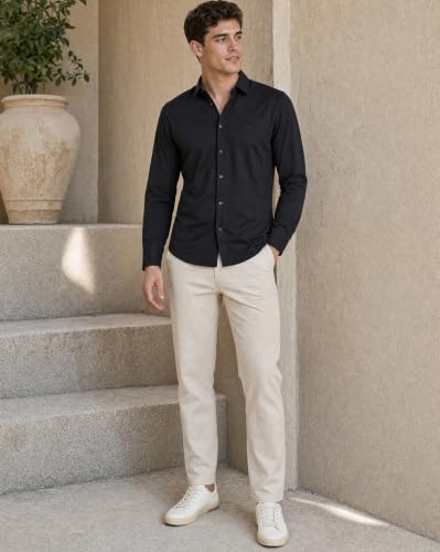 Image of Nobero Everyday Comfort Shirt for Men | Cotton Shirts for Men in 205 GSM Plated Interlock | Stand Collar | Regular Fit | Full Sleeve