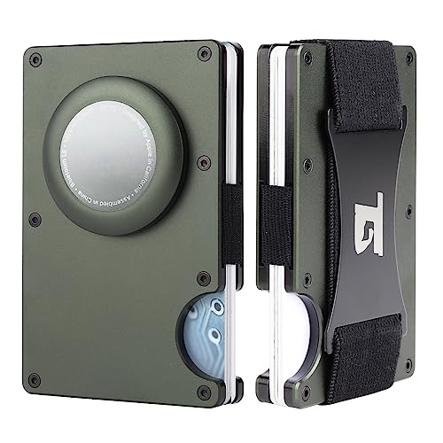Mens metal wallet wallet with Airtag holder RFID Blocking Minimalist wallet (Army Green W/Strap)