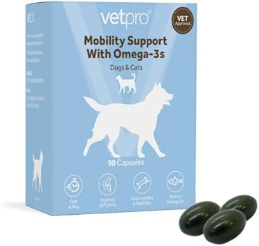 Vetpro Mobility Support with Omega-3s Supplement Capsules for Cats and Dogs | 90 x Capsules | Vet Approved | Fast Acting to Sooth Stiff Joints and Aid Mobility & Flexibility