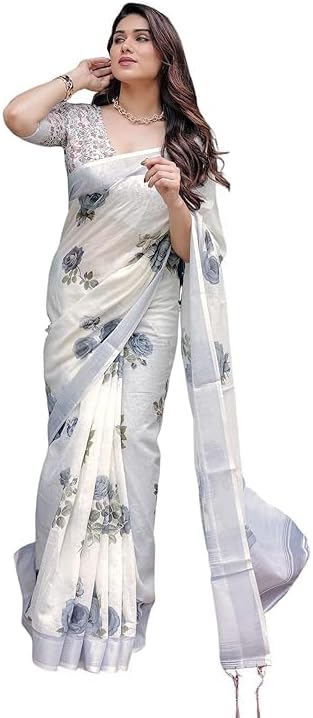 Women’s Cotton Linen Printed Saree with Unstitched Blouse Piece – Traditional Indian Ethnic Saree for Festival, Party & Casual Wear, Off-White, Saree: 5.50Mtr | Blouse: 0.80Mtr