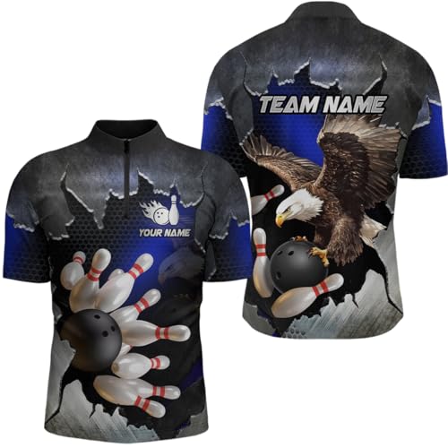 Eagle American Flag Bowling Shirt for Men Women Custom Bowling Jersey Patriotic Bowling Polo Team Bowling Quater Zip Shirts