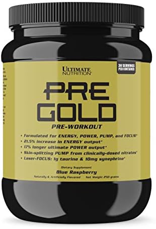 Ultimate Nutrition PRE Gold Preworkout Powder with Beta Alanine, Taurine, Citrulline, Vitamin C and Vitamin B6 - Pre Workout Energy Drink Supplement, 30 Servings, Blue Raspberry