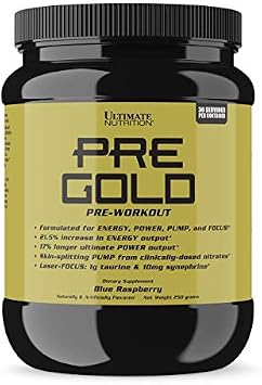 Ultimate Nutrition PRE Gold Preworkout Powder with Beta Alanine, Taurine, Citrulline, Vitamin C and Vitamin B6 - Pre Workout Energy Drink Supplement, 30 Servings, Blue Raspberry