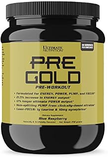 Ultimate Nutrition PRE Gold Preworkout Powder with Beta Alanine, Taurine, Citrulline, Vitamin C and Vitamin B6 - Pre Workout Energy Drink Supplement, 30 Servings, Blue Raspberry
