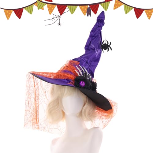 Witches Hat - Traje de encaje con punto, gótico Cosplay Accessory | Halloween Spider Witch Headwear Decoration, Elegant Witchy Cone Cap With Veil For Prom Party Masquerade Holiday Event Celebration
