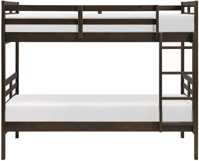Pemberly Row Twin/Twin Bunk Bed, Pine Wood Frame, Dark Brown Finish, Full-Length Guard Rails, Built-in Ladder, 300 lbs Weight Capacity, Space-Saving Design for Small or Shared Bedrooms