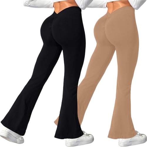 womens scrunch flare leggings v back high waisted yoga pants tummy control bell bottom leggings