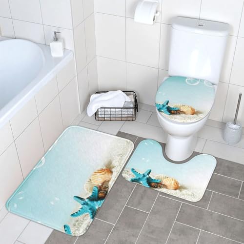 Fgwaauh Lot de 3 tapis de salle de bain en forme d'étoiles de mer et de coquillages en forme de U, tapis de sol et couvercle de toilette