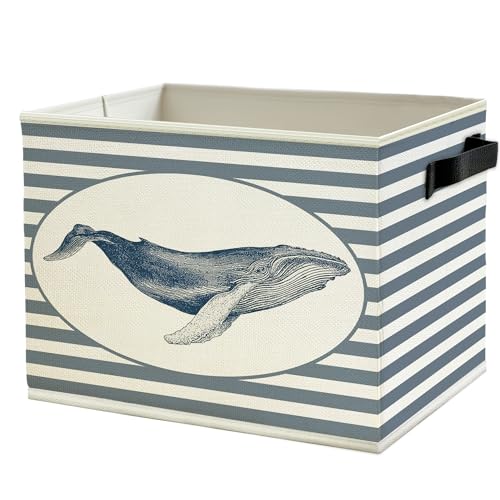 Image of Coastal Beach Whale Storage Bins Box with Handles, Blue Striped Beachy Ocean Whale Marine Biology Collapsible Basket Organizer for Bedroom Bathroom Books Clothes