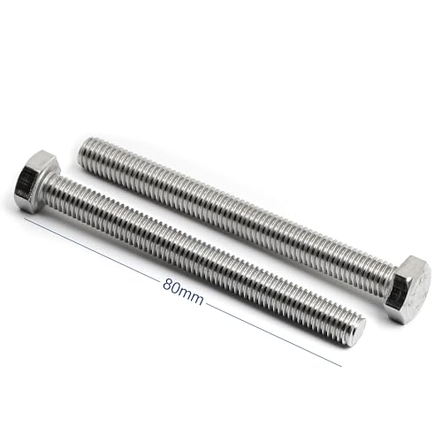 Image of M8-1.25 x 80mm Hex Head Screw Bolt, 18-8 (304) Stainless Steel, Fully Threaded, Plain Finish, Quantity 8