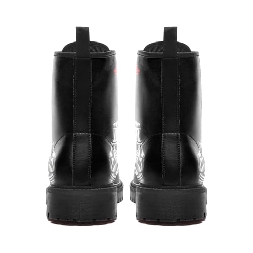 Image of Custom Black Combat Boots for Women Fashion Lace-Up Skull Rose Ankle Booties Chunky Heel Platform Leather Boots