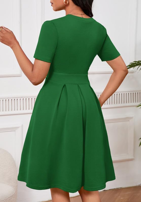 Women Summer Short Sleeve Dress V Neck Semi Casual Fit and Flare Church Wedding Guest Work Dresses with Pockets - Image 6