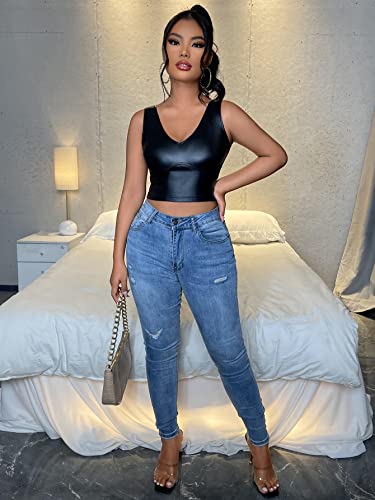 Floerns Women's PU Leather V Neck Solid Sleeveless Camisole Crop Tank Top4