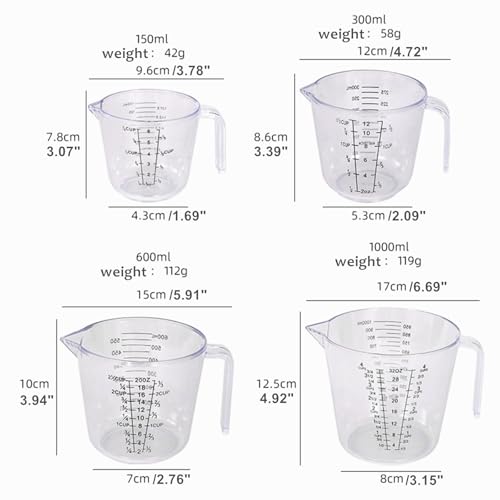 Juego de 4 vasos medidores plásticos de 150-1000 ml miniatura 5