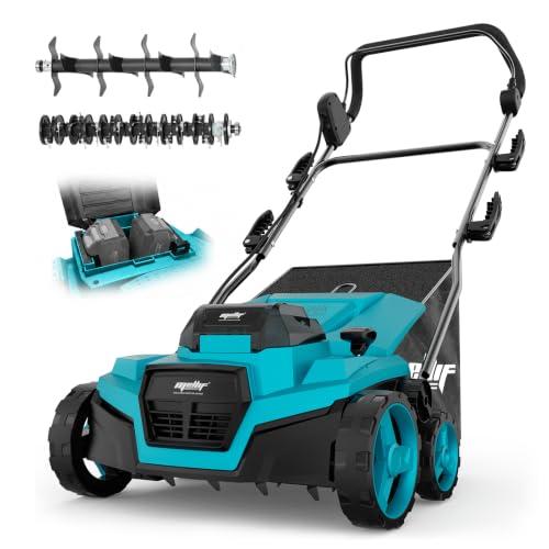 Cordless Lawn Dethatcher Compatible with Makita 18v Battery(Tool Only), 36V Dual Battery Powered Brushless 2-in-1 Scarifier, 15’’ Wide, 12-Gal Collection Bag, Air Boost Technology, 5 Adjustable Depths