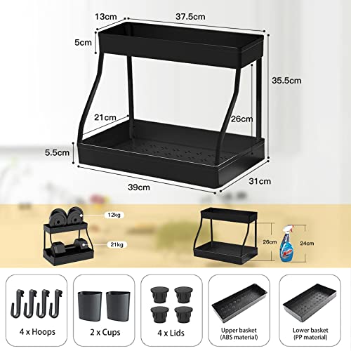 YIFOV Under Sink Storage Shelf 2 Tier Kitchen Storage and Organisation Storage Rack Basket with 4 Hooks and 2 Hanging Cup for Kitchen, Bathroom, Pantry, Black - Image 4