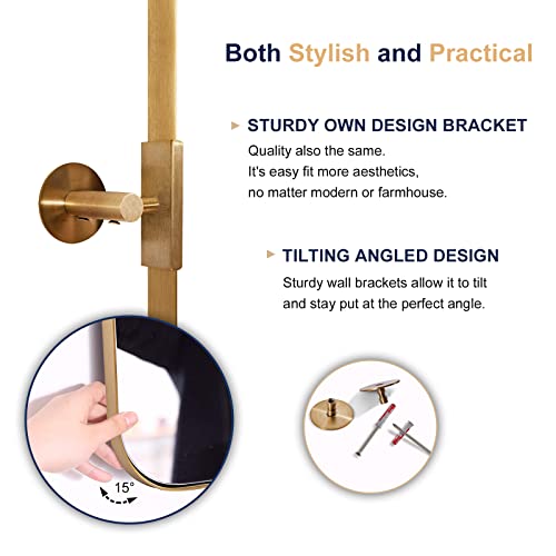 Moon Mirror 22" X 30" Brushed Gold Metal Framed Pivot Rectangle Bathroom Mirror For Wall Mounted, Tilting Rounded Corner Rectangular Vanity Mirror Hangs Vertical Only #TOP4