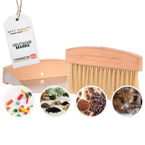Premium 2tlg Tischkehrset Holz & Metall klein & leicht, Mini Schaufel & Besen Set magnetisch verbunden, Tischbürste Buche & Metall-Kehrschaufel, Tragbare Handfeger & Kehrblech für Küche, Büro & Kinder