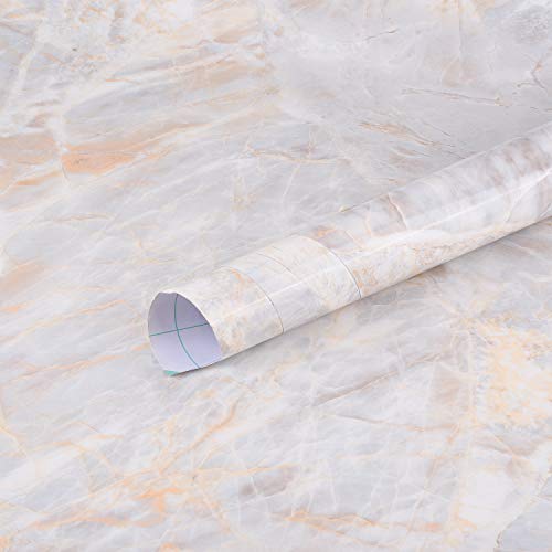 Image of Self Adhesive Gloss Vinyl Wrap Film, High Gloss Marble Furniture Film Wallpaper (12 * 120 inch, White Marble)