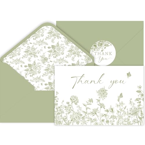SMUAENSS 24 Pack Sage Green Floral Thank You Cards...