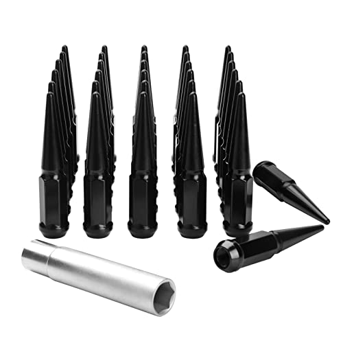 DYNOFIT 14mmx1.5 Wheel Spike Lug Nuts, 32 x Black M14x1.5 Lug Nut, Dynofit 4.4 inch Tall Closed End Nuts with 1 Socket Key for Chevy Silverado GMC Sierra 1500 2500 3500,F-250 F-350 2003-2016