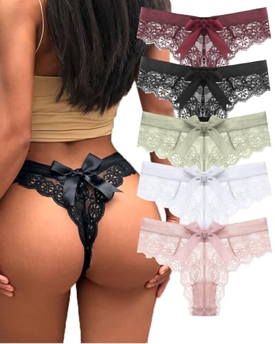 Justgoo G-String Thongs for Women T-back Lace Hollow Out Thongs Sexy Low Waist Underwear Panties 5 Pack
