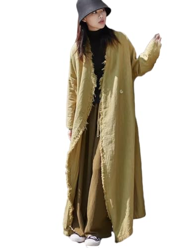 Ystylee Womens Cotton Linen Long Trench Coat Front Distressed Artistic Hippie Long Sleeve Maxi Outwear with Pocket - Main Image