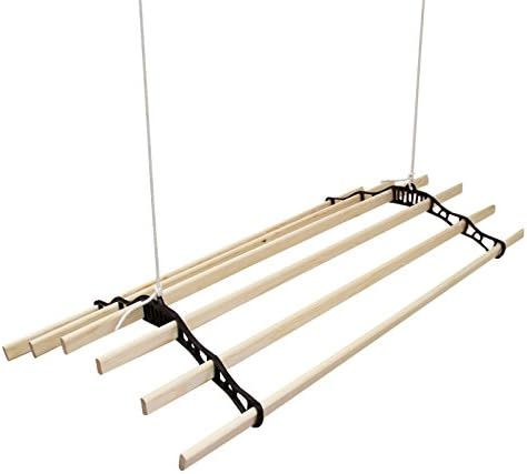 Clothes Airer Hanging 2.4m Ceiling Pulley Clothing Rack Traditional Maid Drying Rail 6 Lathe Wooden Mounted Laundry Dryer For Kitchen Utility Black